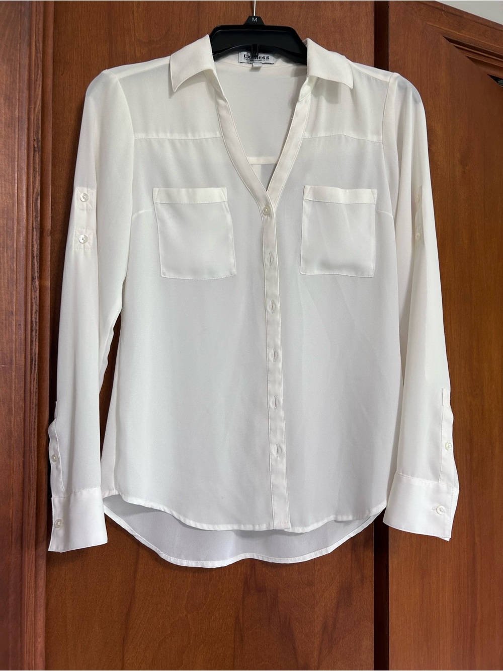Express Women's White Button-Down Shirt with Chest Pockets